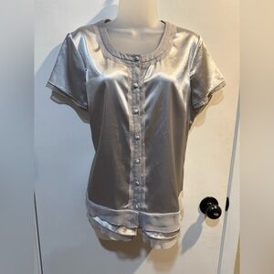Chloe Shimmering Silver Button-Up Blouse-#1154